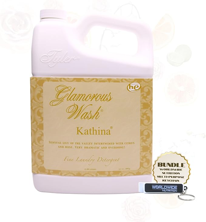 Worldwide Nutrition Bundle: Tyler Glamorous Wash Kathina Scent Laundry Liquid Detergent - Hand and Machine Washable - 64 oz (1.89 L) Container and Worldwide Nutrition Multi-Purpose Key Chain