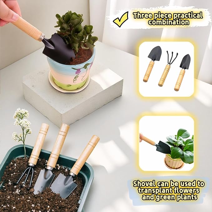 3-Piece Mini Garden Tool Set, Indoor Plant Care Kit with Wood Handle, Black Iron Tools for Potting, Transplanting and Cultivating, Compact Succulent and Houseplant Tools,Small Shovel, Trowel, Rake