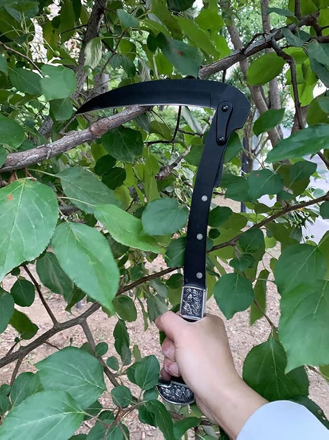Folding Sickle, Two Section Foldable Scythe with Wooden Handle, Sheath, 2 Sections Foldable Sickle Knife, Weeder, Manual Garden Tool for Weeding Farming