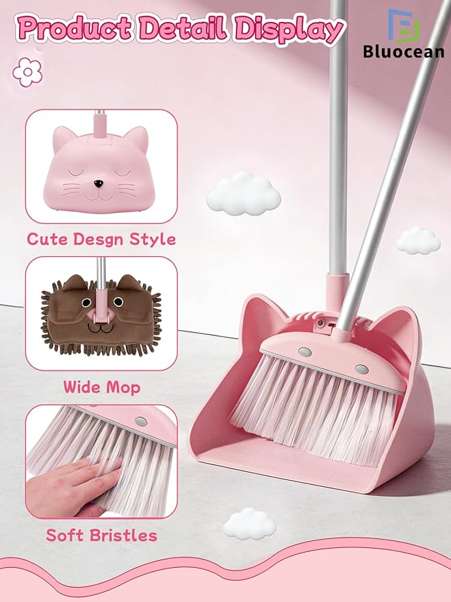 28'' Kids Mini Broom with Dustpan & Mop Set - Toddler Cleaning Toy, Toddler Household Helper, Parent-Child Interactive Play Cleaning Tool, Cute Cartoon Design, Small Safe Corner Broom (Pink)