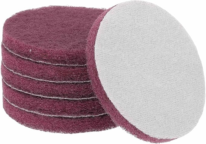 HARFINGTON 6pcs Scrubber Scouring Pads 500 Grits 4 Inch Drill Power Brush Hoop and Loop Surface Conditioning Disc Drill Scuffing Disc Scrub Pads for Home Kitchen Cleaning, Red