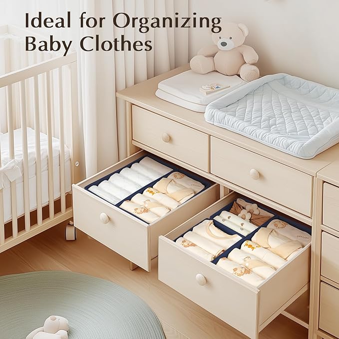 DIMJ Drawer Organizers Clothes, Set of 16 Dresser Organizer Bins, Fabric Closet Organizers and Storage, Shallow Drawer Dividers for Nursery, Clothing, Baby Clothes, Socks, Underwears, Tie (Navy Blue)