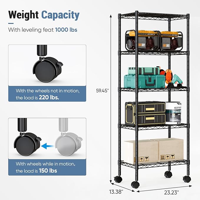 DUMOS 2 Pack 4Tier 5Tier Metal Shelving, Heavy Duty Shelves Wire Shelving Unit with Removable Wheel Casters, Shelves Organizer for Bathroom Garage Living Room Kitchen Pantry Laundry