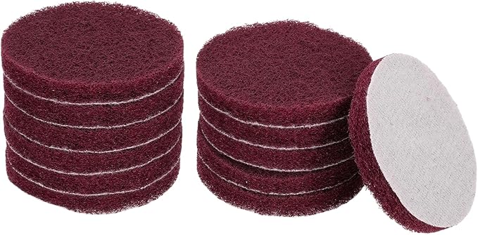 HARFINGTON 12pcs Scrubber Scouring Pads 400 Grits 3 Inch Drill Power Brush Hoop and Loop Surface Conditioning Disc Drill Scuffing Disc Scrub Pads for Home Kitchen Cleaning, Red