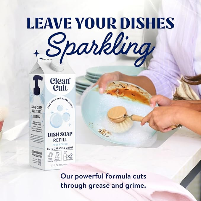 Cleancult Dish Soap Liquid Refills - Plant Based Cleaning Power - Cuts Grease & Grime - Free of Harsh Chemicals - Uses 90% Less Plastic - Free & Clear - 32 oz/3 Pack