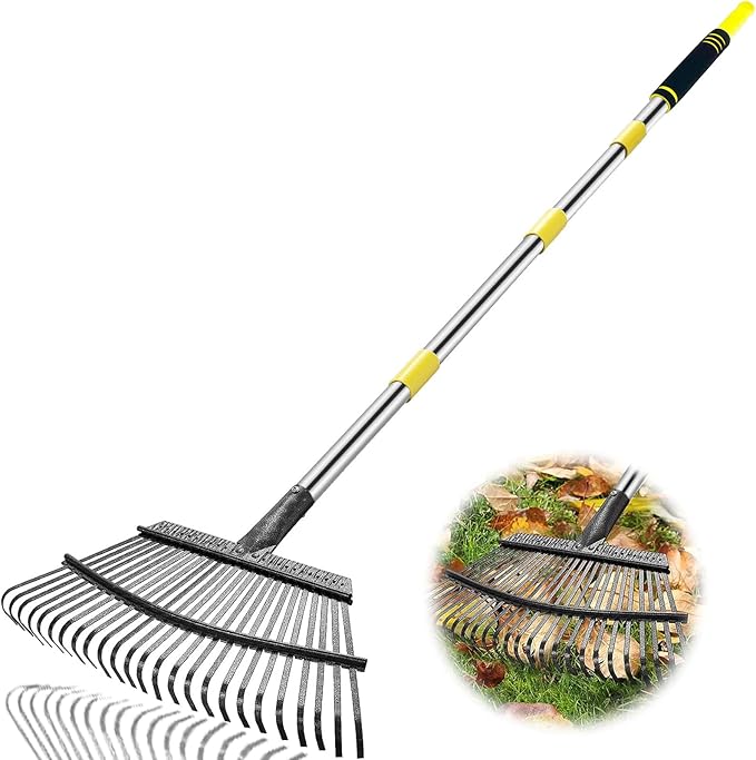 Rake Heavy Duty 6FT Long Garden Rake , 18.5 Inch Wide Leaf Rake for Lawns, 25 Metal Tines, Adjustable Stainless Steel Handle, Rakes for Leaves, Yards, Grass, Garbage, Weeds, Debris (Yellow)