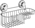 HASKO Shower Caddy Suction Cup, Shower Shelf with Soap Dish and Hooks Organizer, Suction Bathroom Shelf for Storage, Wall Mounted Basket (Polished Stainless Steel SS304)