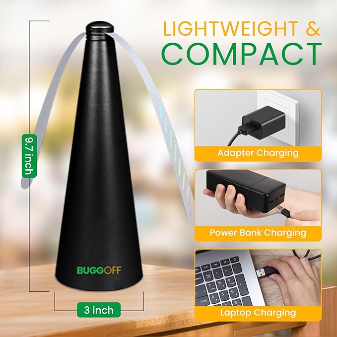 BUGGOFF Black Fly & Flying Insect Repellent Fan with Twin Blades, Table top & Hangable, Battery Powered USB C Chargeable, Cable Included. Safe Blades with Auto Stop. 4 Pack