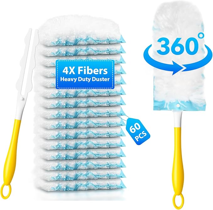 60 Count Larger Size Duster Refills for Swiffer Dusters with 1 Handle - Multi-Surface Feather and Microfiber Duster Disposable Alternative, Heavy Duty Cleaning Kit for Home, Furniture, Blinds and Vent