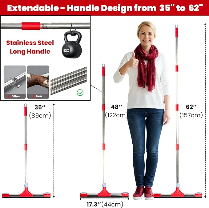 Heavy Duty Floor Squeegee for Concrete Floor – 17.3'' EVA Foam Blade with Built-in Towel Clip, 62'' Extendable Handle, Uneven Surface Floor Squeegee Broom for Garage, Window, Pool, Tile, Patio &Shower