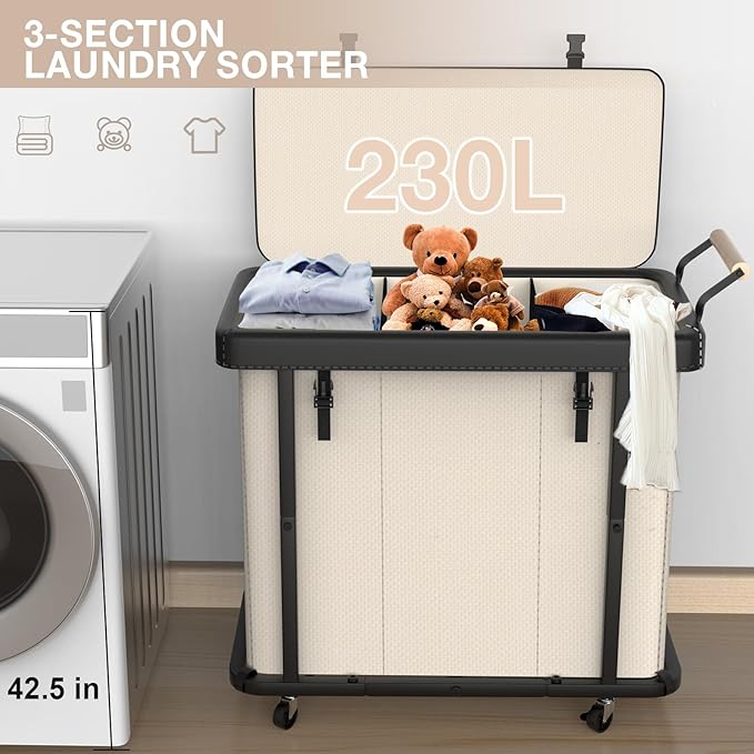 60 Gal (230L) Laundry Hamper 3 Section with Lid, Leather Patchwork Laundry Sorter with Rolling Lockable Wheels and Handle, Laundry Basket Organizer for Laundry Room, Bedroom and Bathroom - Beige