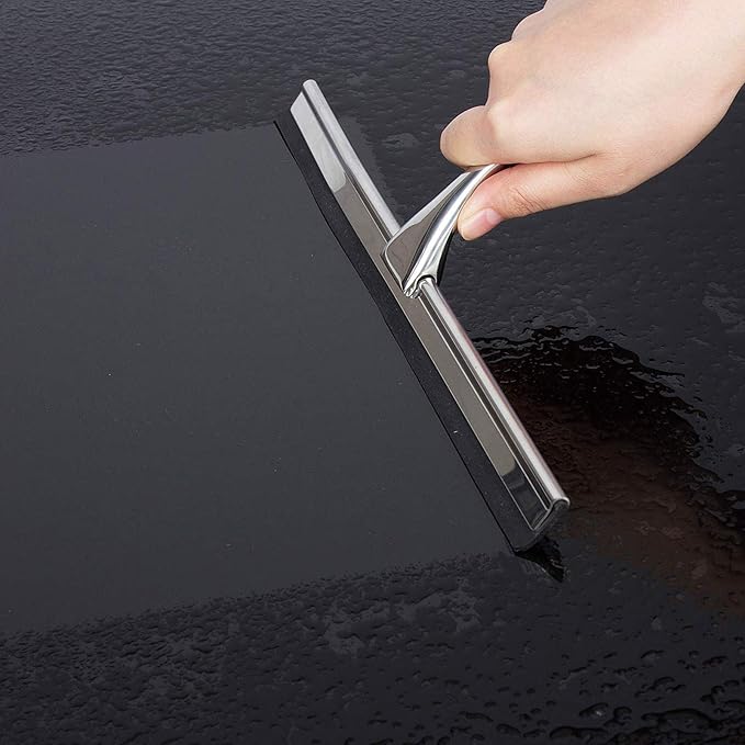 12 Inch Squeegee for Shower, Shower Squeegee with Suction Cup Hooks, for Glass Door Marble Mirror Bathroom, Chrome Plated Stainless Steel Deluxe Car Window Home Kitchen Tile Scraper