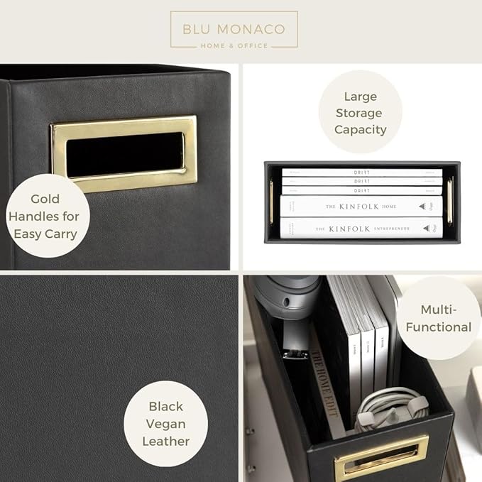BLU MONACO | Black Leather Magazine Basket with Gold Handles | Floor Magazine Rack & Newspaper Stand | Modern Bathroom and Home Storage Organizer