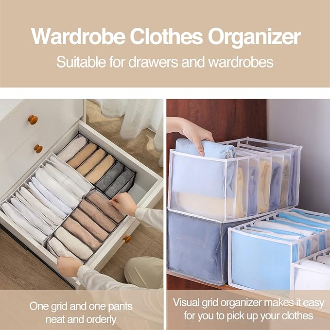 Wardrobe Clothes Organizer 7 Grids Portable Closet Organizer Mesh Separation Storage Box Foldable Closet Drawer Organizer for Underwear Socks Scarves Leggings (Grey, 3 Leggings Grid)