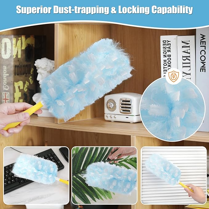 60 Count 360° Heavy Duty Duster Refills Compatible with Swiffer, Large Size-Extra Thick Disposable Electrostatic Duster Refill with 1 Short Handle for Furniture, Blinds, Ceiling Fans