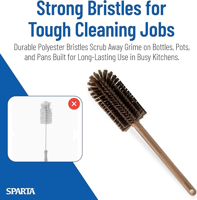 SPARTA Large Water Bottle Brush Ideal for Wide-Mouth Jars, Bottles and Tumblers, Dishwashing Tool with Handle for Home and Commercial Kitchens, Plastic, 16 Inches, Brown, (Pack of 4)