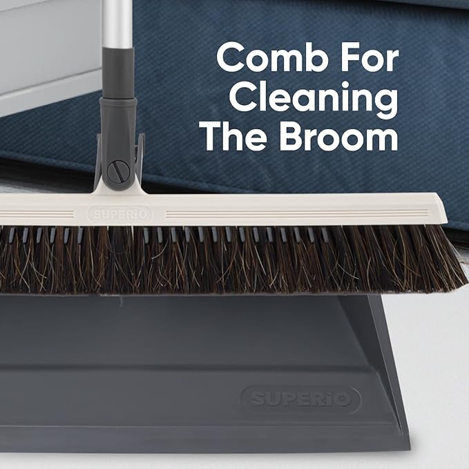 Superio 18" Horse Hair Upright Broom with Telescopic Handle & 16" Gray Dustpan with Comb, Rubber Lip & Clip – Narrow Thin Dust Broom for Dog Hair – Hardwood & Tile Floor Cleaning Set – Gray