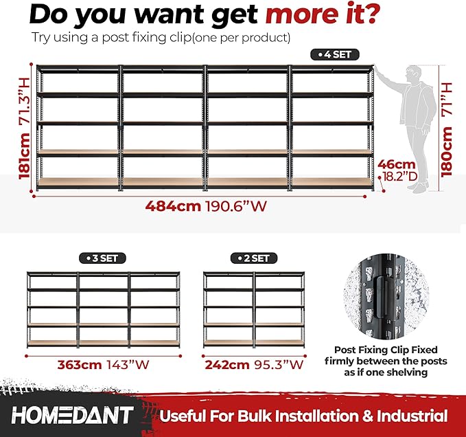 HOMEDANT 47.7" W 5 Tier Heavy Duty Garage Shelving Adjustable Metal Rack Storage Shelves Standing Shelf Unit Organizers Industrial Warehouse Basement Black 1Pack