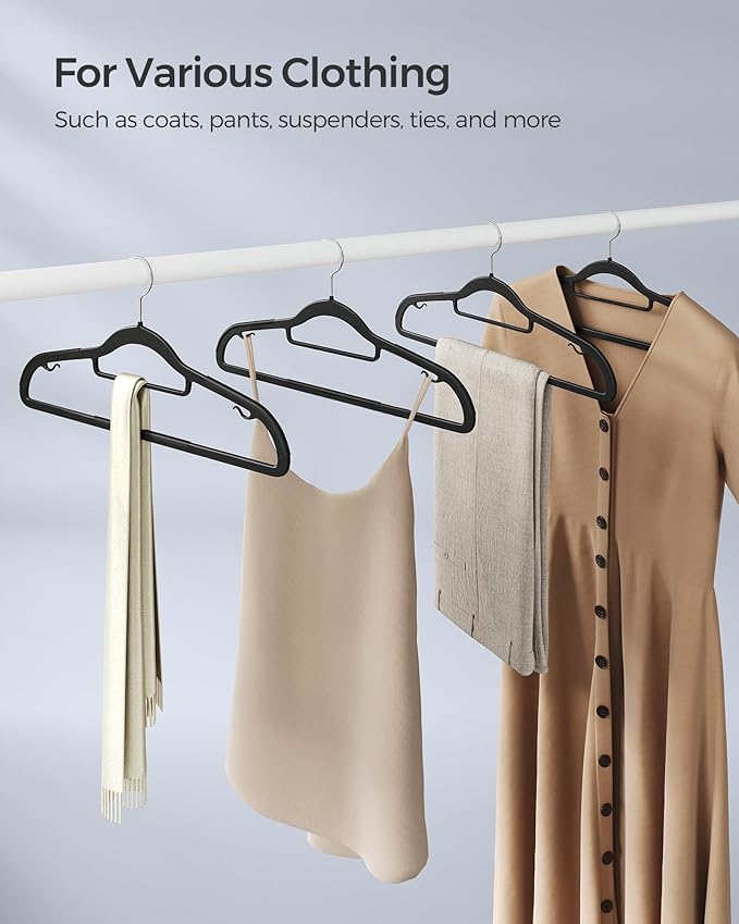 SONGMICS Pack of 50 Coat Hangers, Heavy-Duty Plastic Hangers with Non-Slip Design, Space-Saving Clothes Hangers, 0.2” Thickness, 360° Swivel Hook, 16.5” Long, Black and Gray