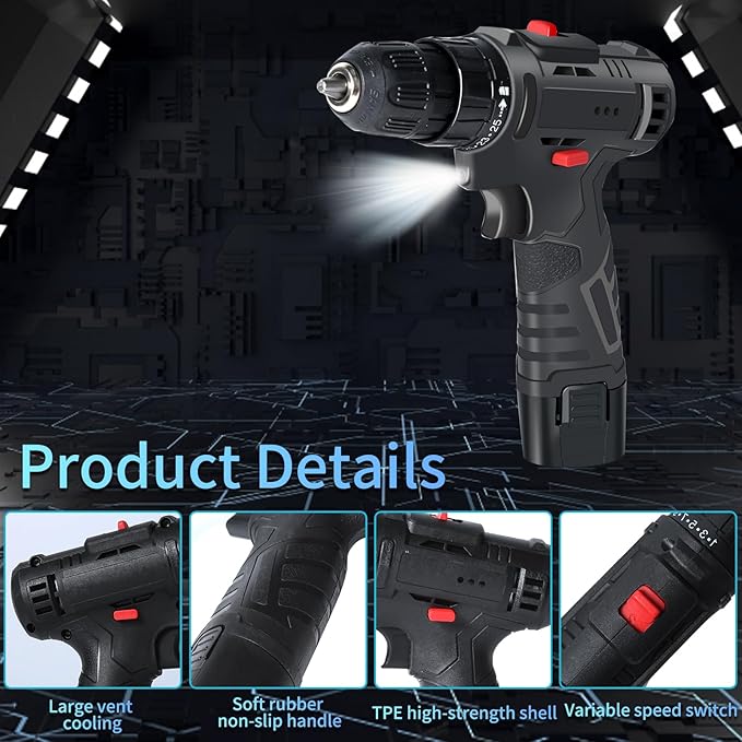 Jadeshay 12V Cordless Electric Drill, Rechargeable Lithium Drill with 3 Batteries, 25 Torque Settings, LED Light, 450W Power Tool Kit for Home & DIY, Includes 24-Piece Accessories