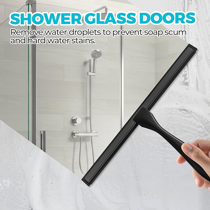 2PACK All-Purpose Shower Squeegee for Shower Doors, Tile Shower Walls, Bathroom, Window, Glass and Car Windshield, Mirrors and Kitchen-Stainless Steel, 9.5 Inches, Black