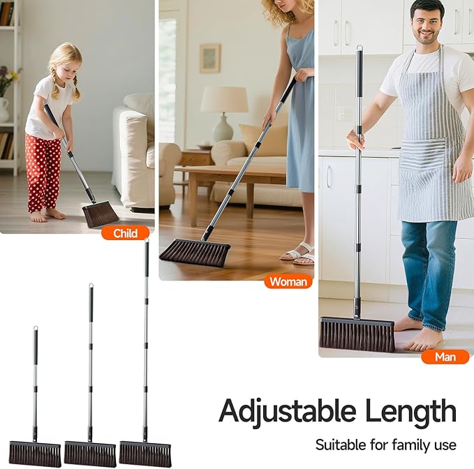 CTIME Broom and Dustpan Set, Extra Brush Head & 52" Adjustable Long Handle Standing Dustpan Set, with Dust Pan Teeth to Clean Pet Hair, Easy Sweeping Suitable for Home Kitchen Office Lobby