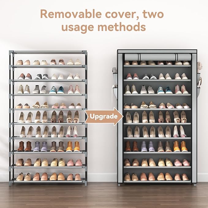 LANTEFUL Shoe Rack with Covers 10 Tier Tall Shoe Rack Organizer Large Capacity Shoe Shelf Storage 40 Pairs Space Saving Free Standing Shoe Storage Organizer for Closet, Entryway, Dorm, Grey