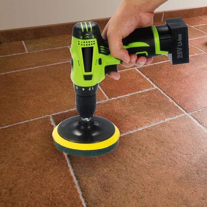 Kichwit 5 Inch Drill Powered Brush Tile Scrubber Scouring Pads, 2 Different Stiffness, 5-Inch Pad Holder with 6 Scrubbing Pads, Cleans Large Flat Areas Perfectly (Drill NOT Included)