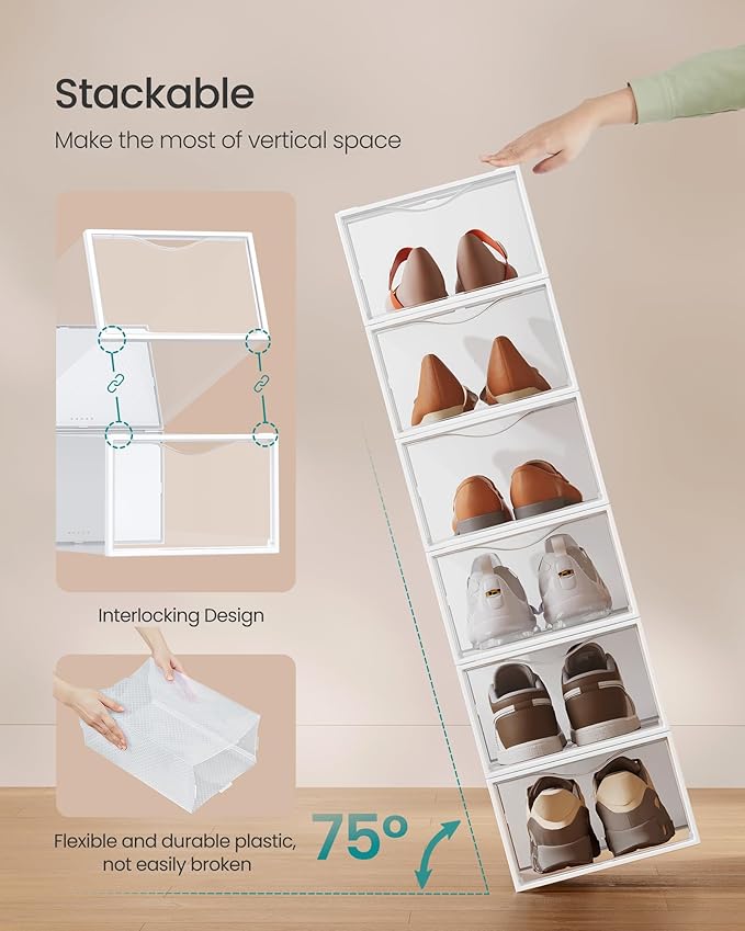 SONGMICS Shoe Boxes, Shoe Storage Organizers Rack for Closet, Plastic Stackable Sneaker Containers Case, 18 Pack, Transparent and Cloud White ULSP318W01