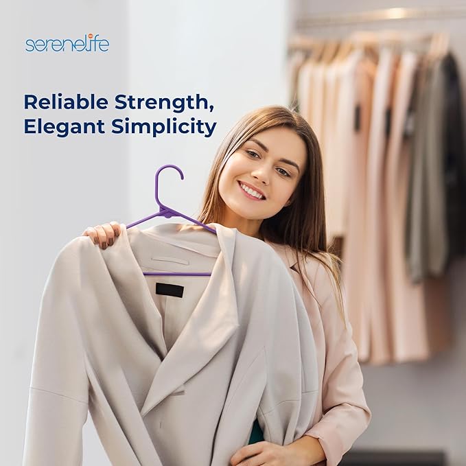 SereneLife 50 Pack Plastic Hangers, Non-Slip, Space-Saving Closet Organizers, Durable and Strong for Shirts, Sweaters, Hoodies, Kids Clothes & Dresses, Ultra-Thin, Lightweight