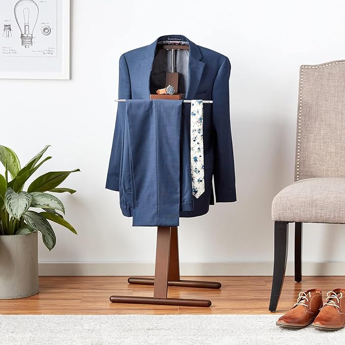Proman Products Josh Freestanding Wooden Valet Stand Organizer with Tray, Hanger, Trouser Bar, Walnut