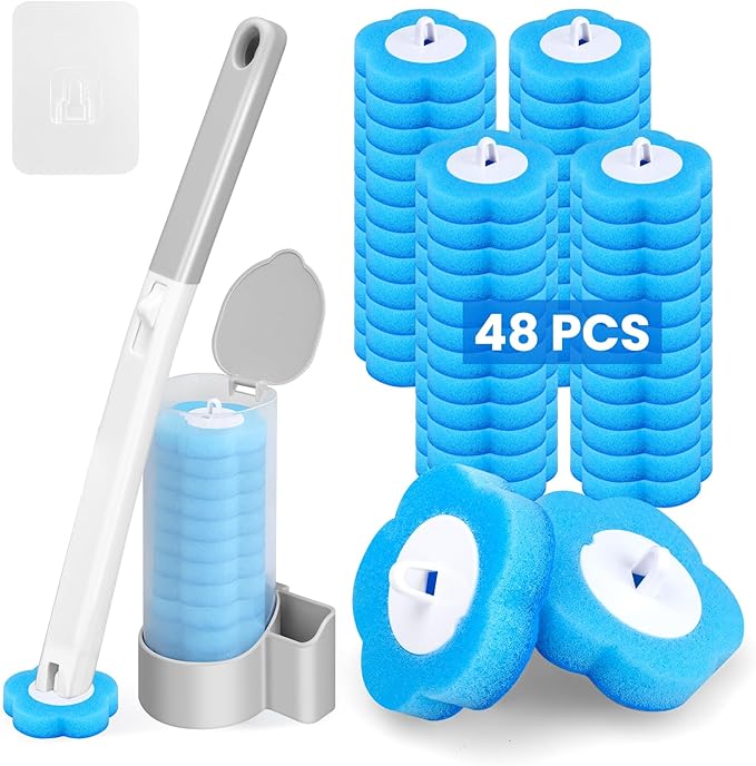Disposable Toilet Brush with 48 Refills, Toilet Brushes and Holders, Toilet Wand Brush Starter Kit, Wall Mounted Toilet Bowl Cleaner Wand for Bathroom Maintenance