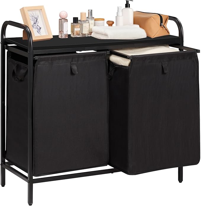 2 Section Laundry Hamper with Shelf, Laundry Basket Organizer with 2 Pull-Out Removable Bags 2×13.2Gal(49.9L), Laundry Sorter for Clothes Organization in Bedroom, Laundry Room, Black