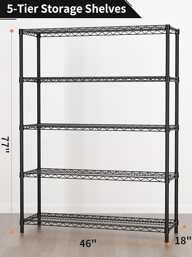 Golpart 5 Tier Adjustable Storage Shelves Heavy Duty Metal Utility Shelf 1750LBS Capacity Wire Shelving Unit Organizer Rack for Home Kitchen Garage Pantry Room 18" D x 46" W x 77" H Black