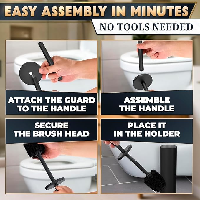 2 PCS Black Toilet Brush and Holder Set - Scratch Resistant Black Toilet Bowl Brush and Holder with Soft Bristles Replaceable Head, Protection from Splashes, and Compact Design - for Cleaning