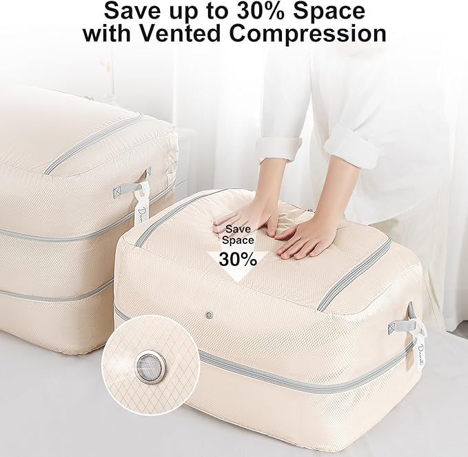 Comforter Storage Bag - 110L Large Capacity Blanket Storage Bags 2-Layer Ultra Space Saving Self Compression Organizer, Washable Compression Bags for Storage Comforter Blanket, 1-Pack, Beige