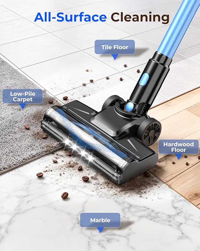 N8 Cordless Vacuum Cleaner,Lightweight Stick Vacuum with Powerful Suction,2200mAh Battery,40 Mins Runtime,Self-Standing,Rechargeable Vacuum Cleaners for Home Hardwood Floor Carpet Pet Hair (Blue)