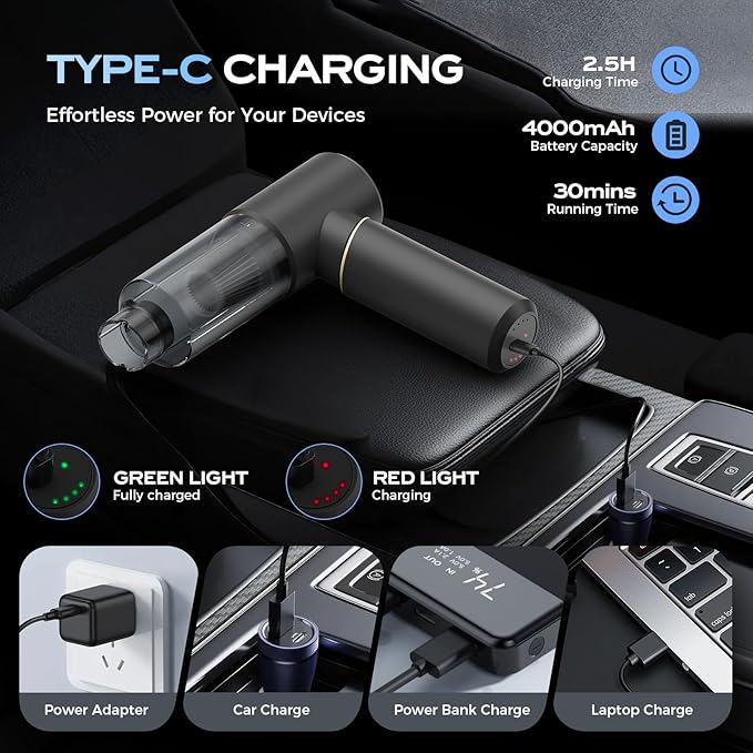BSRCO Hand Held Vacuum Cordless Rechargeable: 15000PA Powerful Suction Hand Held Car Vacuum Cleaner,1.25 lbs Lightweight & Washable Filter Air Duster and Vacuum Cleaner for Home, Car,Pets