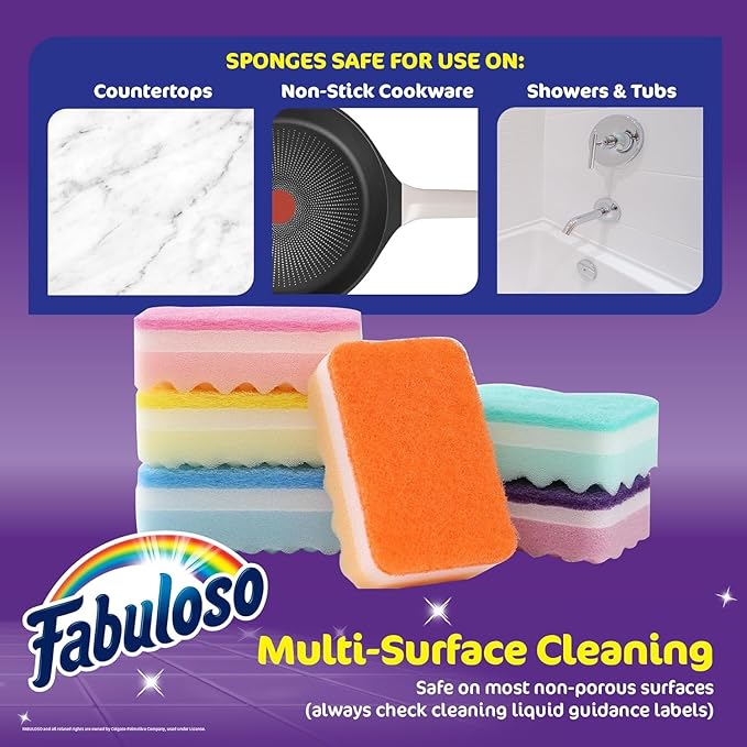 Fabuloso Scratch-Free Kitchen Dish Sponges, Rainbow Cellulose Scrubber Sponge with Scouring Pad for Dishes, Pots, Pans, Counters and Sinks, Tough on Messes, 4.25 x 2.75 x 1.25 in, 6 Count - 2 Pack