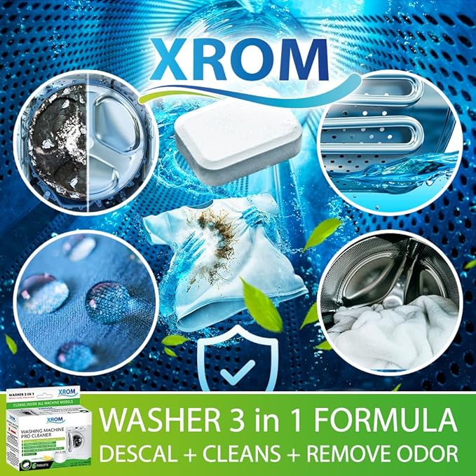 XROM Plant Based, Washer Cleaner And Descaler, Removes Odors, Limescale & Detergent Build-Up, Removes Hard Water Stains, For Front and Top Load, 6 Per Pack (Lemon)
