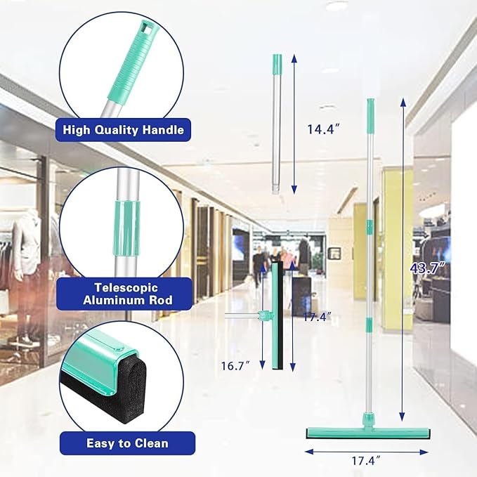 18" Floor Squeegee with 43" Adjustable Aluminum Handle Light Duty Magic Broom for Floor,Garage Courtyard Shower Bathroom Floor Marble Glass Tile Water Foam Cleaning