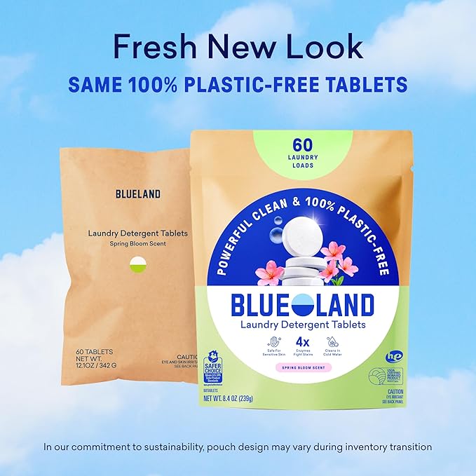 BLUELAND Laundry Detergent Tablets, 60 Count, Spring Bloom Scent, Plastic-Free Eco-Friendly Pods, Sheets, Liquid Alternative - Safe for Sensitive Skin, Gentle