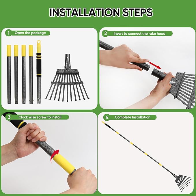 Garden Leaf Rakes, 6FT Rakes for Lawns Heavy Duty 11 Metal Tines 9 inch Wide, Adjustable Long Steel Handle, Small Shrub Rake, Gathering Leaves (Black)