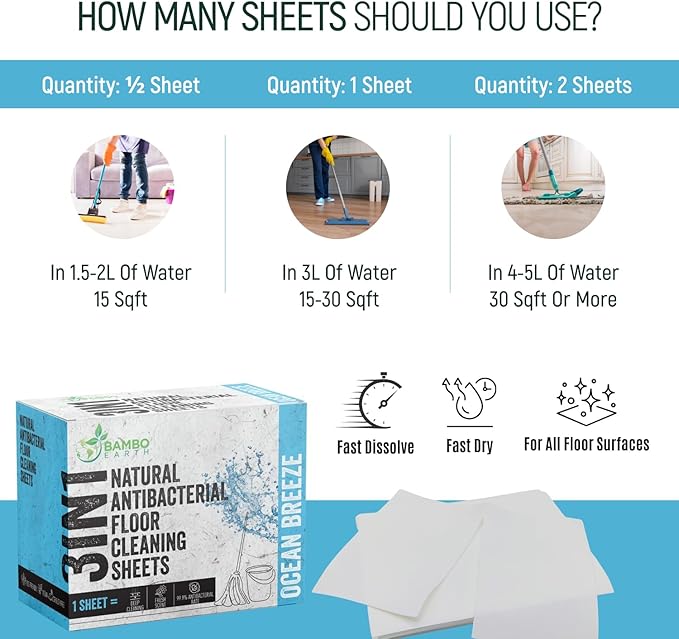 90 Pcs All Natural Floor Cleaner Sheets - Biodegradable And Dissolvable Multipurpose Mopping Concentrated Floor Cleaning Soap Detergent Strips, Mess Free Water Soluble Fast Dry Eco Friendly (Ocean)