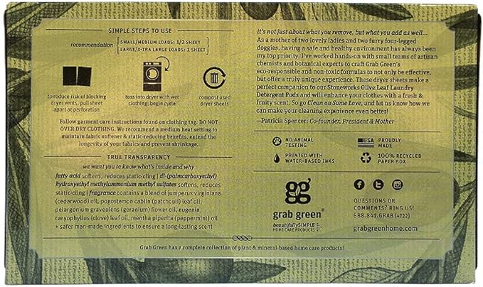 Grab Green Stoneworks Cruelty-Free Dryer Sheets | Softens Fabrics, Freshens Clothing & Reduces Static-Cling and Wrinkles | Plant Based | Olive Leaf Scent (160 Sheets)