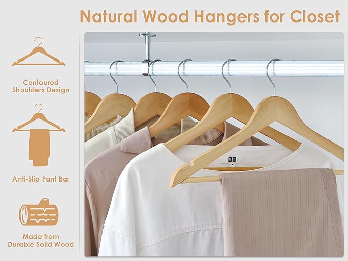 StorageWorks Wooden Hangers 20 Pack, Wood Coat Hangers for Closet, Heavy Duty Clothes Hangers for Suits, Shirts, Pants, Jackets, Natural Wood Color