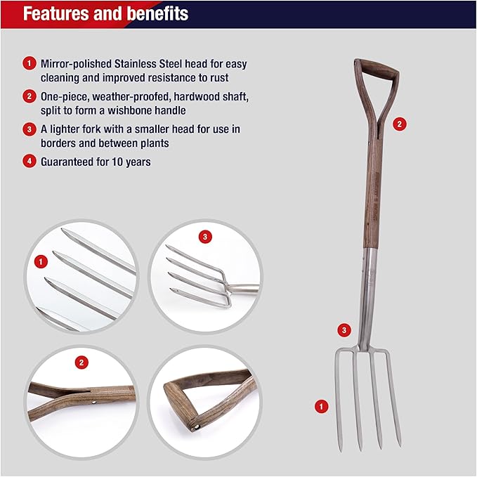 Spear & Jackson Traditional Stainless Steel Border Fork, Durable Heavy Duty Garden Tool, Ideal for Aerating Weeding and Digging, Comfortable Wooden Handle