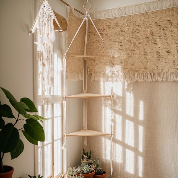 Hanging Shelf with Natural Wood, 3-Tier Rope Shelf | Handmade Boho Wall Decor for Floating Display, Ideal for Plants, Photos & Storage in Bathroom, Bedroom, Living Room & Nursery