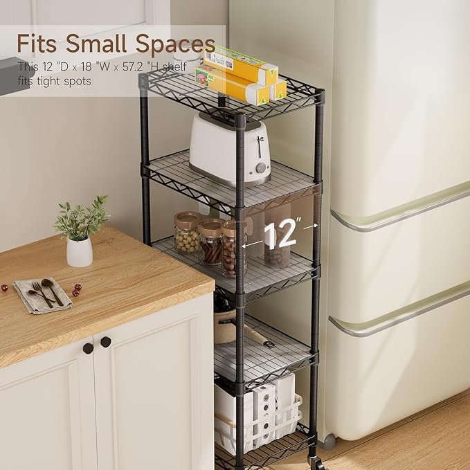 Golpart Small 5 Tier Shelves Storage Wire Shelving Unit Metal Shelf Adjustable Organizers Storage Shelving with Wheels for Bathroom Laundry Room Kitchen Pantry12”D x 18”W x 57.2”H Black