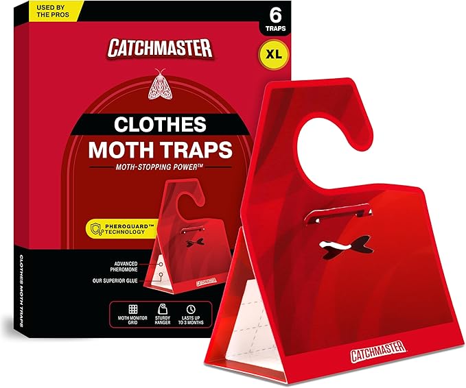 Catchmaster Clothing Moth Traps with Premium Extra Strength Odorless Pheromone Technology – Red, XL, Extra-Strength Glue – Traps & Targets Casemaking and Webbing Moths - 6-Pack